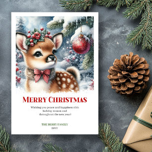 Cartes Pour Fêtes Annuelles Bébé cerf élégant Noël forêt enneigée aquarelle