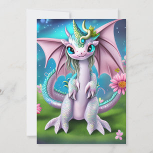 Cartes Pour Fêtes Annuelles Bébé Dragon Mignon Souriant avec des Fleurs