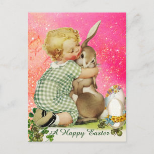CARTES POUR FÊTES ANNUELLES BÉBÉ HUGGING BUNNY DE PÂQUES DANS LA FUCHSIE ROSE