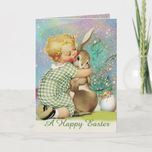 CARTES POUR FÊTES ANNUELLES BÉBÉ HUGGING BUNNY DE PÂQUES EN PARKLES BLEUS