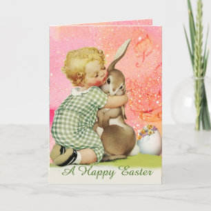 CARTES POUR FÊTES ANNUELLES BÉBÉ HUGGING BUNNY DE PÂQUES EN PARKLES ROSES