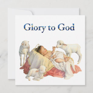 Cartes Pour Fêtes Annuelles Bébé Jésus dans une mangeoire avec des agneaux Glo