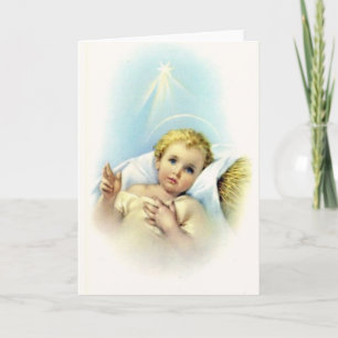 Cartes Pour Fêtes Annuelles Bébé Jésus en ouatine brillante Blan de halo
