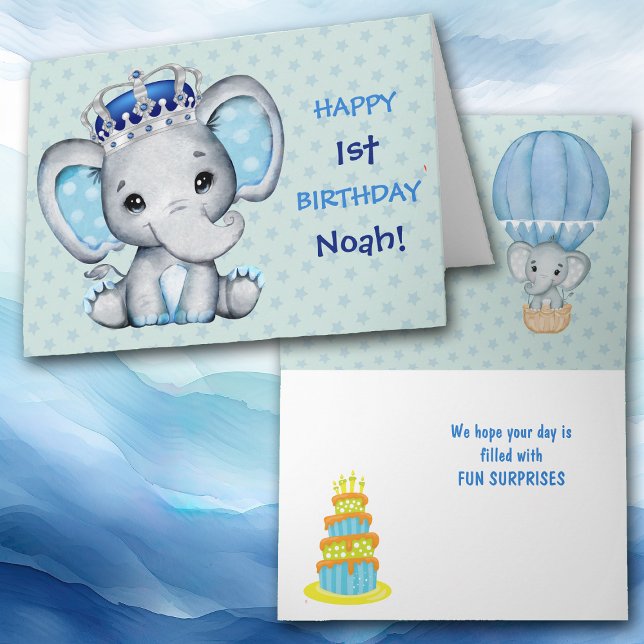 Cartes Pour Fêtes Annuelles Bébé mignon éléphant garçon Prince Anniversaire Ca (Créateur téléchargé)