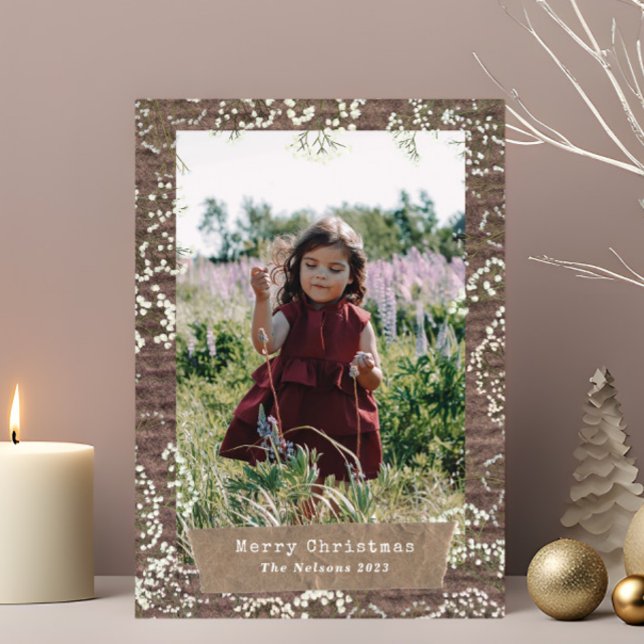 Cartes Pour Fêtes Annuelles Bébé rustique souffle Noël Photo papier déchirée (Créateur téléchargé)