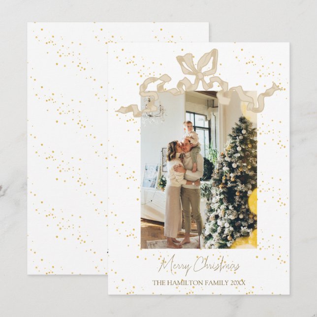 Cartes Pour Fêtes Annuelles Beige Coquette Bow Photo Noël (Devant / Derrière)