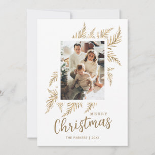 Cartes Pour Fêtes Annuelles Beige Gold Leave Family Photo Joyeux Noël Card
