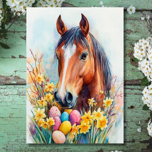 Cartes Pour Fêtes Annuelles Belle Aquarelle Cheval Souhaits de Pâques (Front - Beautiful Watercolor Horse Easter Wishes Holiday Card)