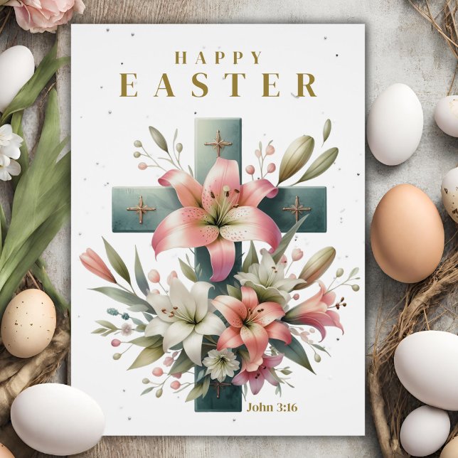 Cartes Pour Fêtes Annuelles Belle croix florale Custom Pâques chrétiennes (Beautiful Floral Cross Custom Christian Easter Holiday Card with customizable text.)