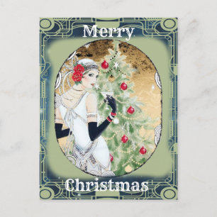 Cartes Pour Fêtes Annuelles Belle dame rétro et sapin de Noël