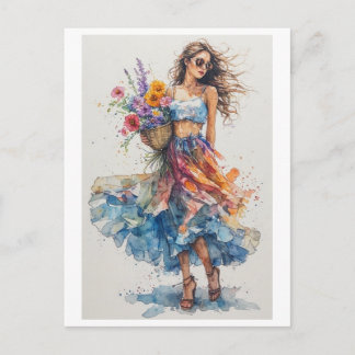 Cartes Pour Fêtes Annuelles Belle Jeune Dame portant des Fleurs sur un