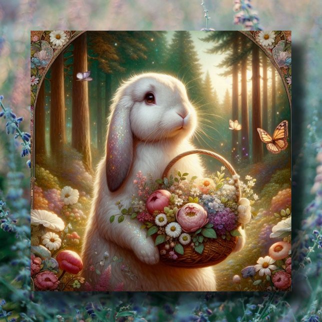 Cartes Pour Fêtes Annuelles Belle Panier à fleurs lapin Art Nouveau Pâques (Créateur téléchargé)