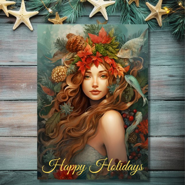 Cartes Pour Fêtes Annuelles Belle Sirène Joyeux Joyeux Vacances Plage Noël (Front - Beautiful Mermaid Happy Holidays Beach Christmas Holiday Card)