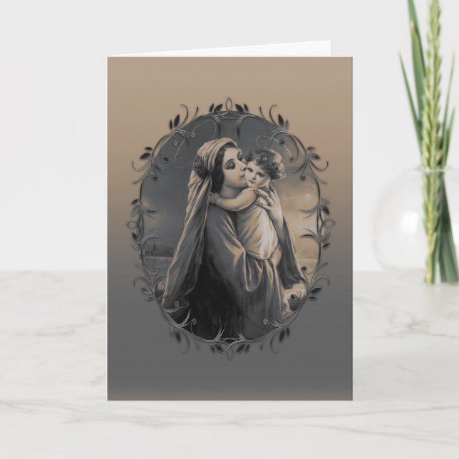 Cartes Pour Fêtes Annuelles Belle Vierge et Enfant avec cadre argenté (Devant)