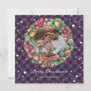 Cartes Pour Fêtes Annuelles Belle Wreath Plaid Violet Stars Photo
