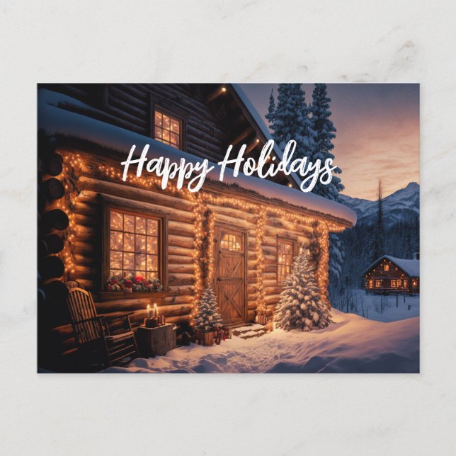 Cartes Pour Fêtes Annuelles Belles lumières de Noël Log Cabine Mountain neige (Devant)