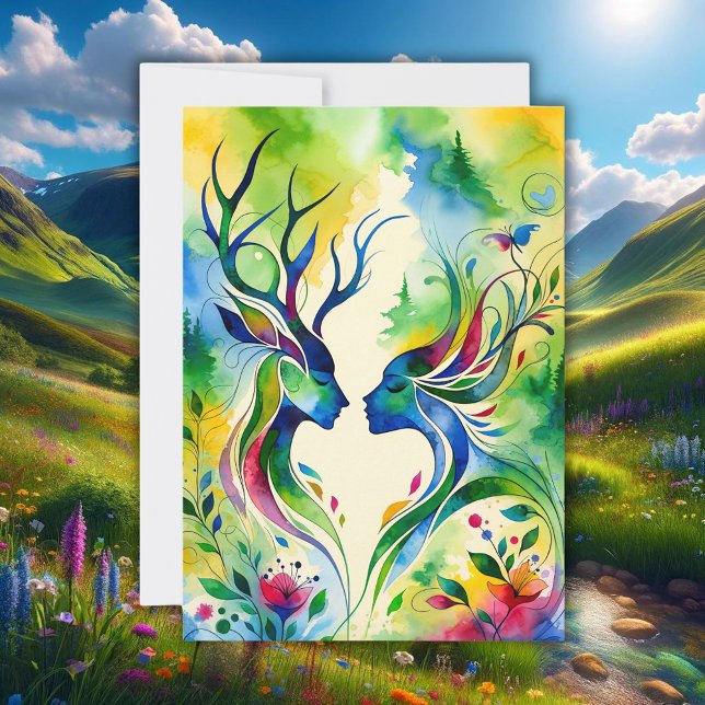 Cartes Pour Fêtes Annuelles Beltane Bénédiction Lord & Lady Flat Holiday Card (beltane deer pagan wiccan witch holiday greeting card watercolor illustration)