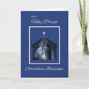Cartes Pour Fêtes Annuelles Bénédiction de Noël du prêtre, crèche en bleu