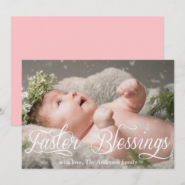 Cartes Pour Fêtes Annuelles Bénédiction de Pâques Bébé Famille rose Photo (Devant / Derrière)