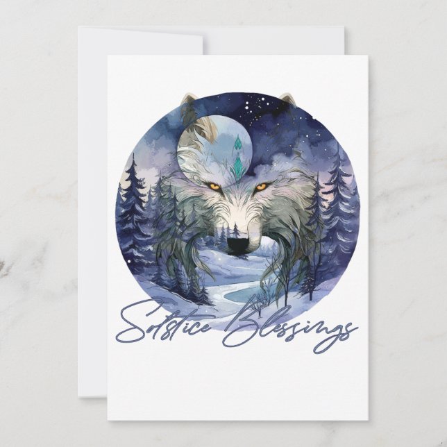 Cartes Pour Fêtes Annuelles Bénédictions du Solstice Bois Clair de Lune Loup d (Devant)