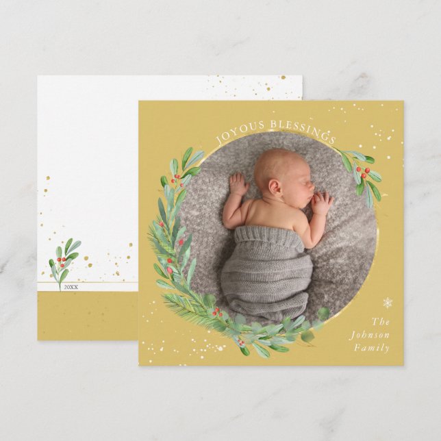 Cartes Pour Fêtes Annuelles Bénédictions Joyeuses de Noël à l'aquarelle dorée (Devant / Derrière)