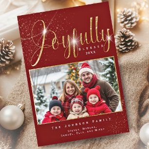 Cartes Pour Fêtes Annuelles Bénie Joyeusement Red Gold Sparkle Photo Famille