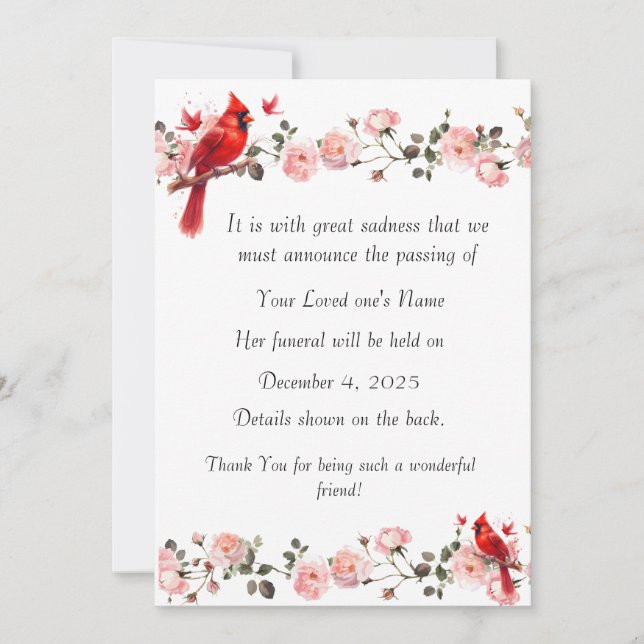 Cartes Pour Fêtes Annuelles Bereavement Funeral Notification of Passing Card (Devant)