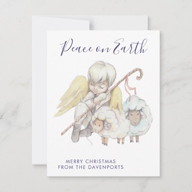 Cartes Pour Fêtes Annuelles Berger d'ange chrétien avec moutons Paix sur Terre (Devant)