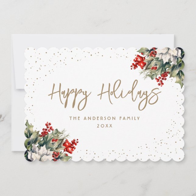 Cartes Pour Fêtes Annuelles Berries d'hiver Holly White Poinsettia Élégant (Devant)