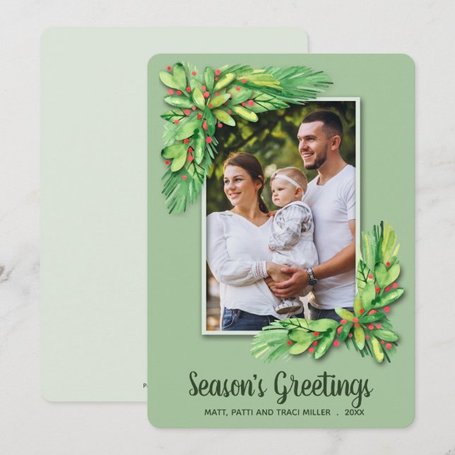 Cartes Pour Fêtes Annuelles Berries et Verts Photo de Noël (Devant / Derrière)