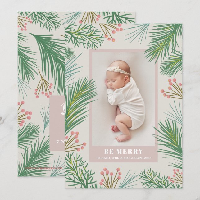 Cartes Pour Fêtes Annuelles Berries Pines Photos de Noël Annonces de naissance (Devant / Derrière)
