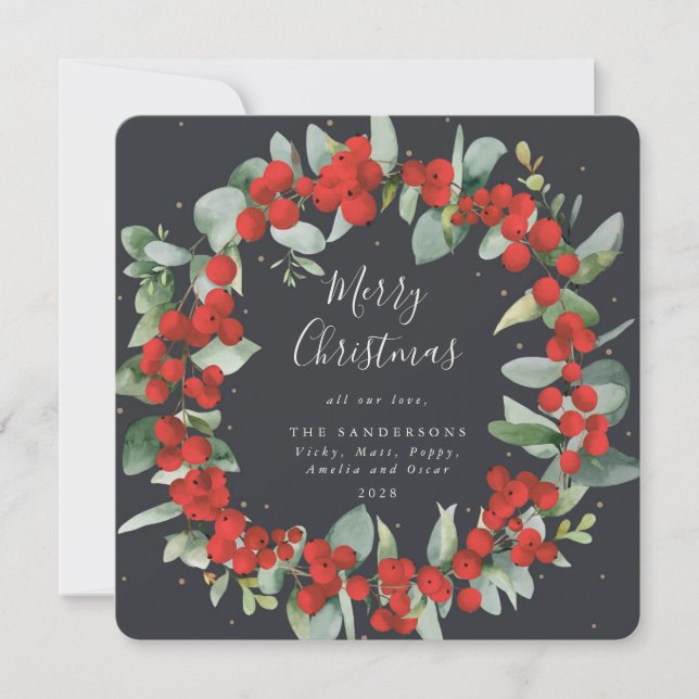 Cartes Pour Fêtes Annuelles Berries rouges carrés + couronne de Noël Eucalyptu (Devant)