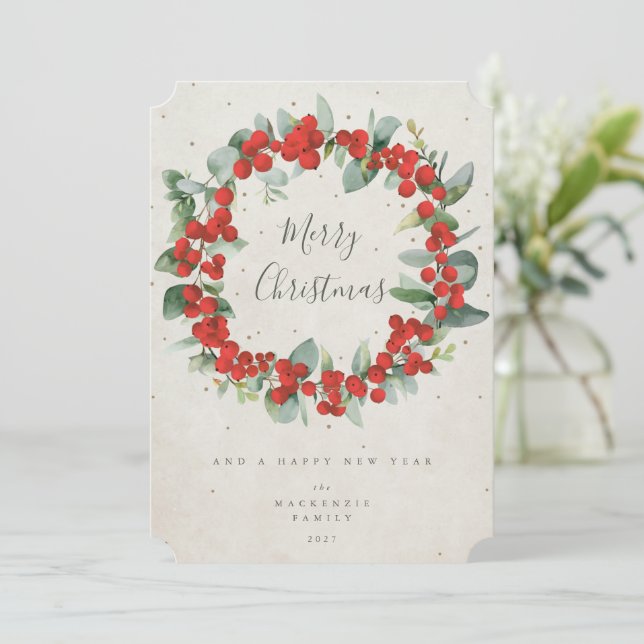 Cartes Pour Fêtes Annuelles Berries rouges+Eucalyptus couronne de Noël non pho (Debout devant)