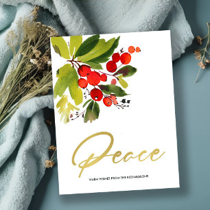CARTES POUR FÊTES ANNUELLES BERRIES ROUGES VERTES COULEUR D'EAU PAIX DE NOËL