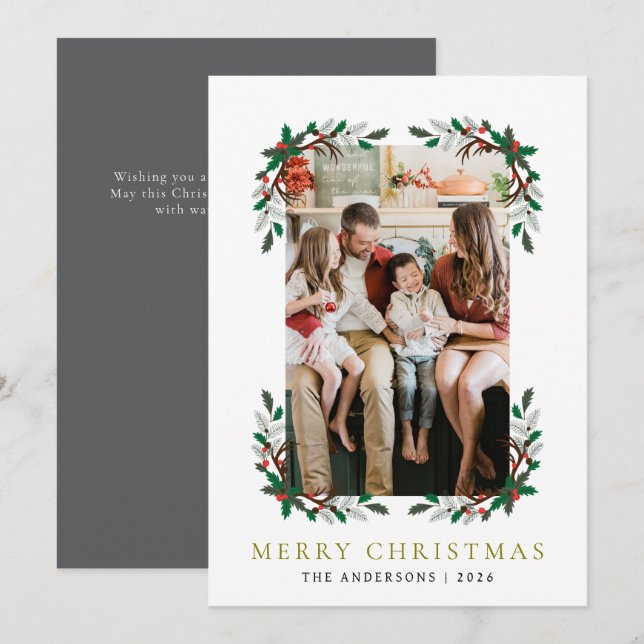 Cartes Pour Fêtes Annuelles Berry Branch Cadre Famille de Noël 1 Photo (Devant / Derrière)