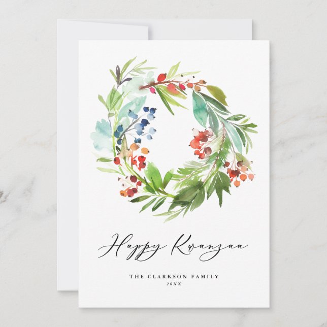 Cartes Pour Fêtes Annuelles Berry d'aquarelle et verdure Wreath Happy Kwanzaa (Devant)