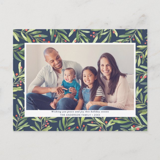 Cartes Pour Fêtes Annuelles Berry Green Photo de Noël bleu moderne (Devant)