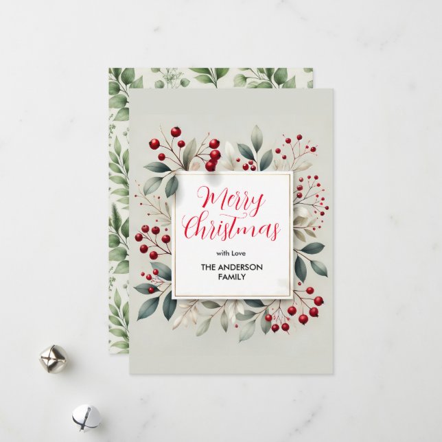 Cartes Pour Fêtes Annuelles Berry rouge et feuillage vert Noël (Devant/Arrière en situation)