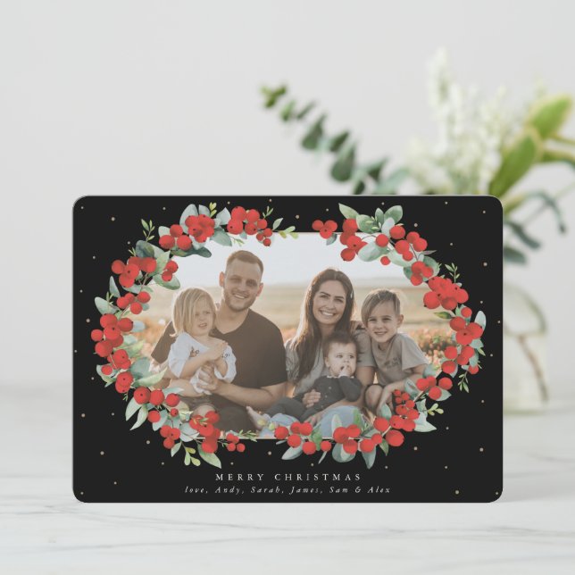 Cartes Pour Fêtes Annuelles Berry rouge noir + Eucalyptus Photo de Noël (Debout devant)