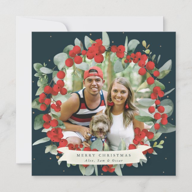 Cartes Pour Fêtes Annuelles Berry rouge ronde/Carré+couronne de Noël Eucalyptu (Devant)