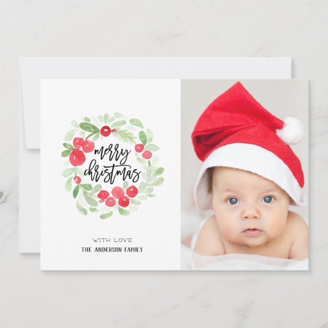 Cartes Pour Fêtes Annuelles Berry Wreath Joyeux Noël aquarelle photo (Devant)