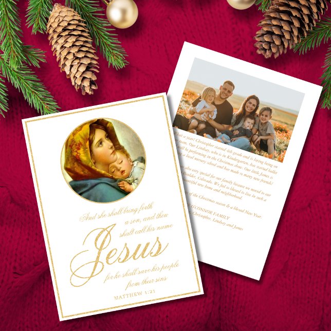 Cartes Pour Fêtes Annuelles Bible catholique Verse & Photo Noël religieux (Religious Christmas card with Madonna and Child and Bible verse for Catholics and Christians)