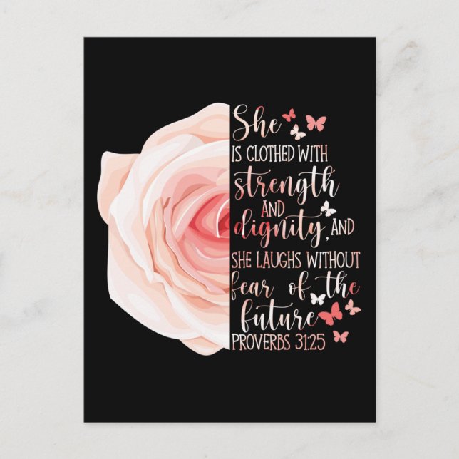 Cartes Pour Fêtes Annuelles Bible chrétienne vers proverbes 31:25 Fleur Rose (Devant)