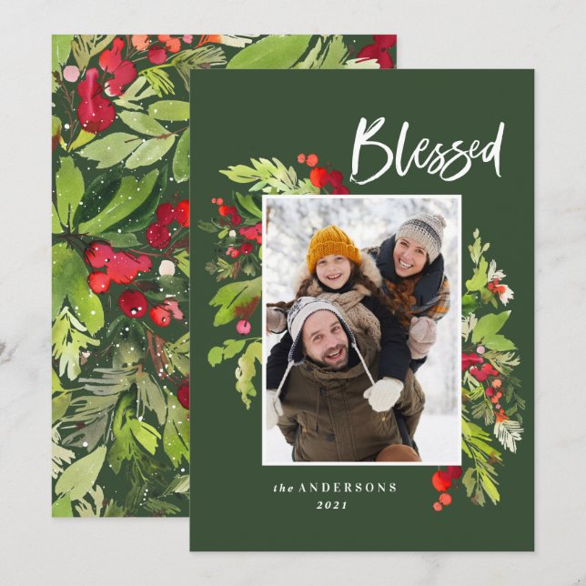 Cartes Pour Fêtes Annuelles Bienheureux aquarelle feuillage vert Noël (Devant / Derrière)