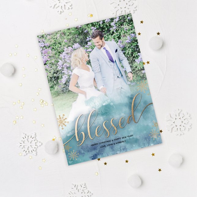 Cartes Pour Fêtes Annuelles Bienheureux bleu Mariage d'aquarelle Photo Noël (Créateur téléchargé)