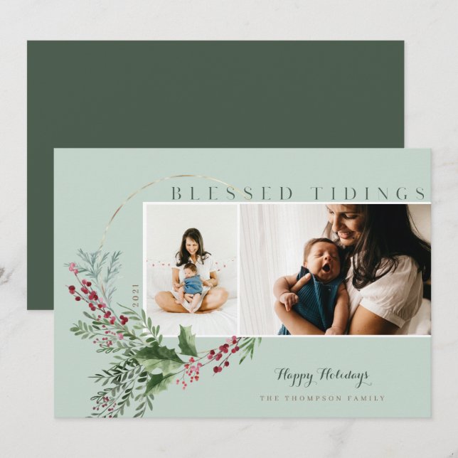Cartes Pour Fêtes Annuelles Bienheureux Tidings Aquarelle Verdure Wreath Photo (Devant / Derrière)