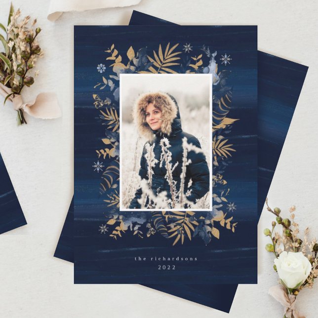 Cartes Pour Fêtes Annuelles Bijoux Marine & Or Plumes & Foliage Photo Wreath (Créateur téléchargé)