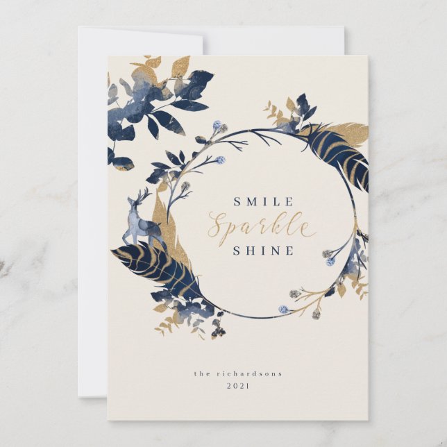 Cartes Pour Fêtes Annuelles Bijoux Marine & Or Plumes & Foliage Wreath (Devant)