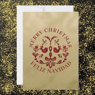 Cartes Pour Fêtes Annuelles Bilingue Noël Espagnol Or Bourgogne Oiseaux