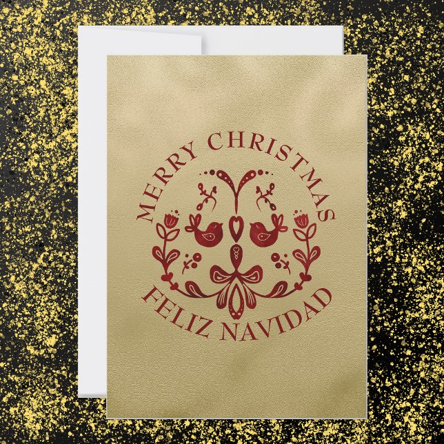 Cartes Pour Fêtes Annuelles Bilingue Noël Espagnol Or Bourgogne Oiseaux (Bilingual Golden & burgundy holiday card, Custom text in Spanish. multilingual Project)